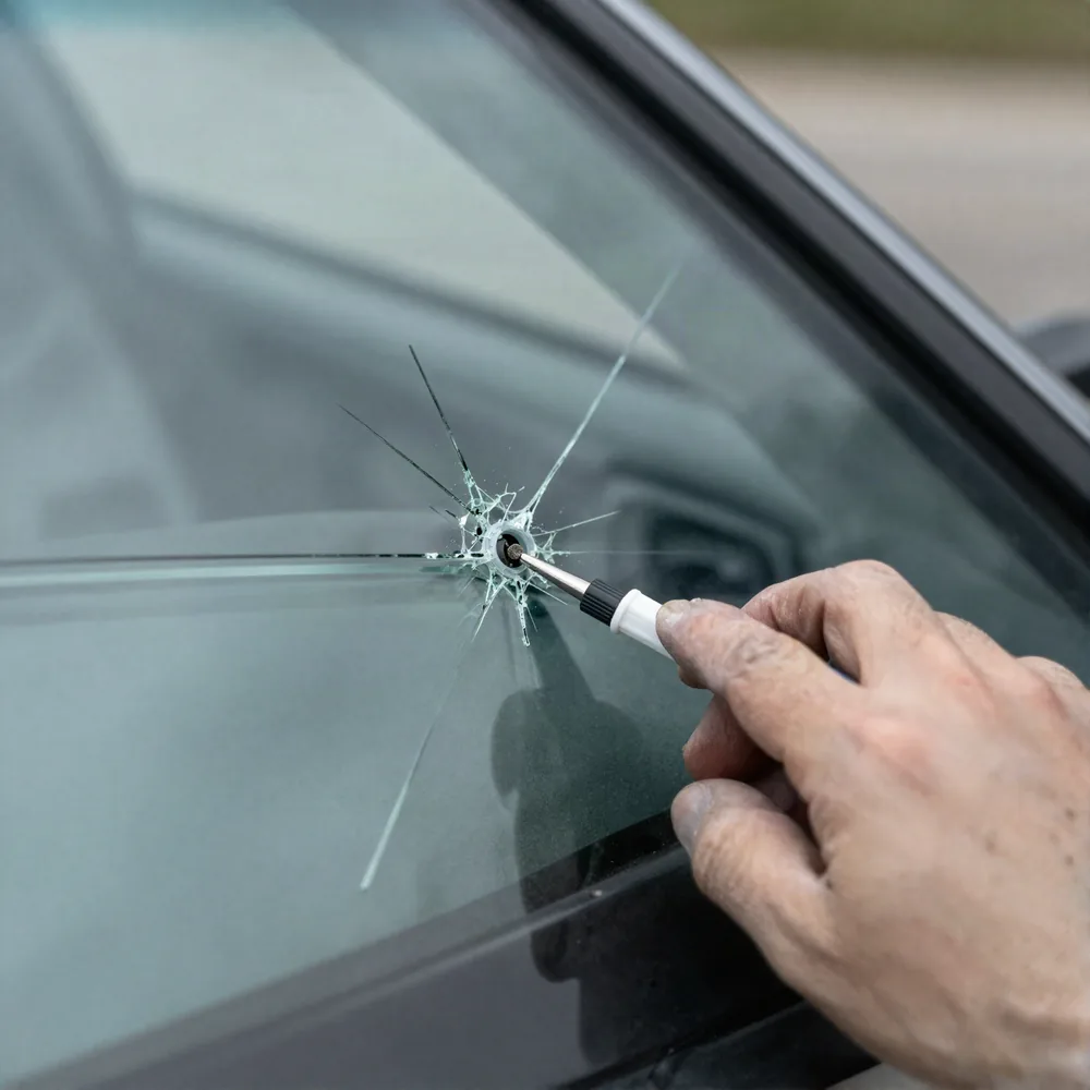 A stone chip in a car windshield with crack legs spreading out through the laminated glass, dashboard visible behind