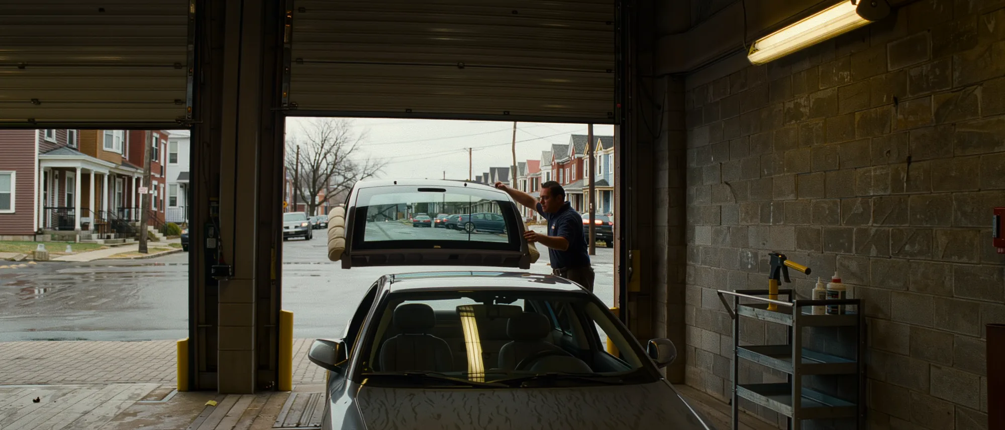 A technician lifting a new laminated windshield out of a padded rack in the Lt Auto Glass bay in Hunting Park, Philadelphia