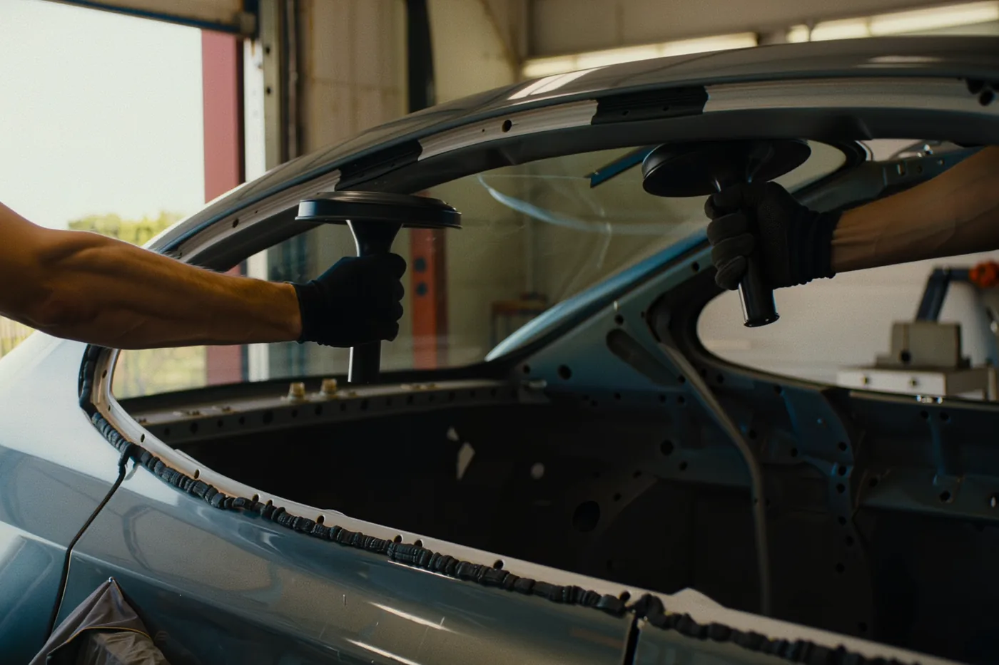Two gloved hands on suction-cup handles lowering a new windshield onto a freshly laid urethane bead in the pinchweld